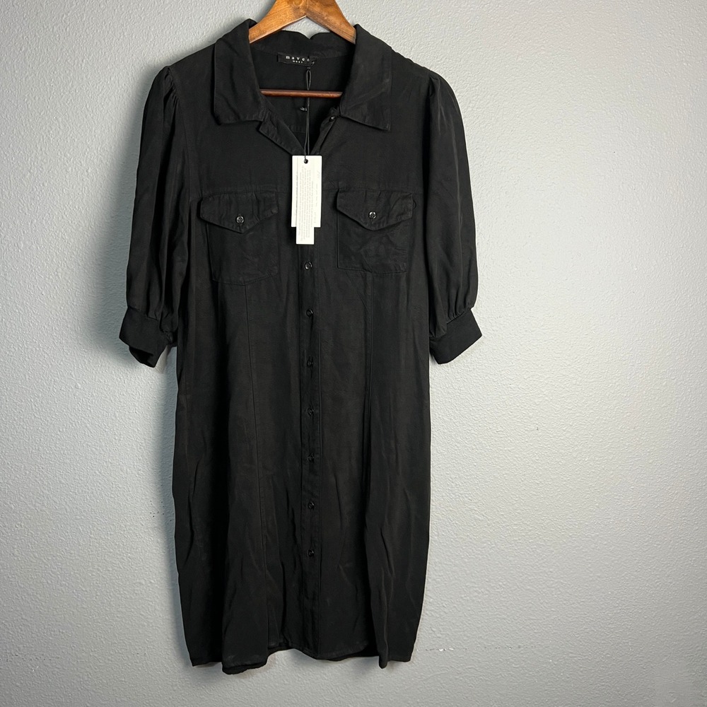 Maven West Shirt Dress Puff SL Minimalist Monochrome Chic Casual Black Utility M